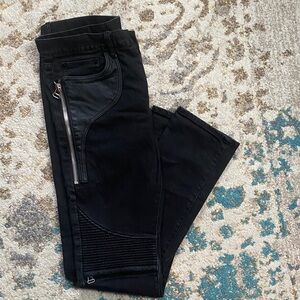 Izzue Collection Black Biker Style jeans with leather and Zipper Detail